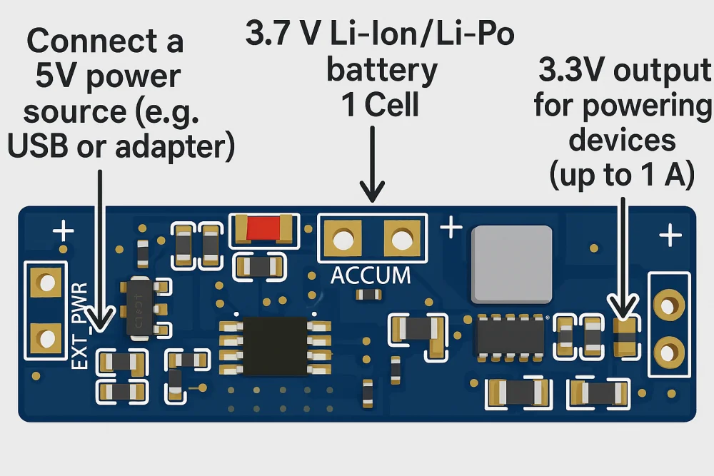Typical connection diagram: USB input, Li-Po battery and 3.3 V load wired to MicroPowerCore