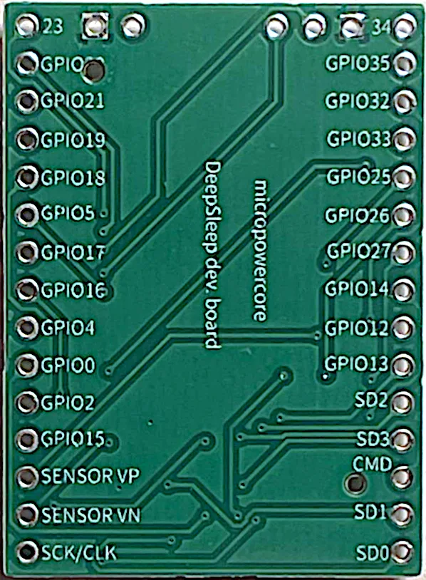 DeepSleep dev board, bottom view with pin headers