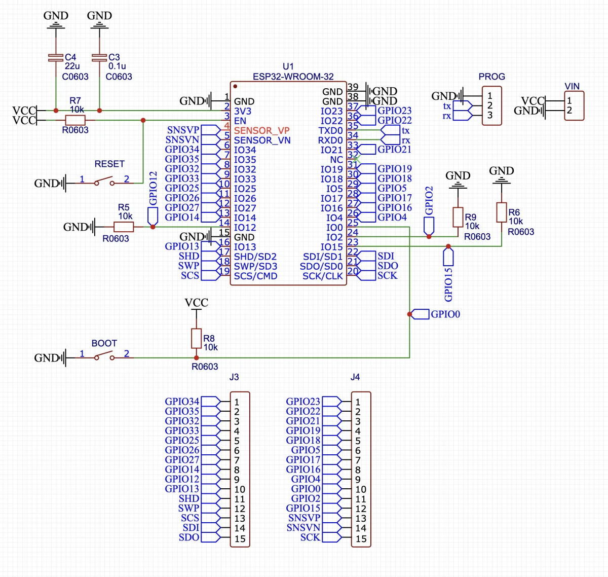 DeepSleep dev board schematic with ESP32-WROOM-32 module and supporting components